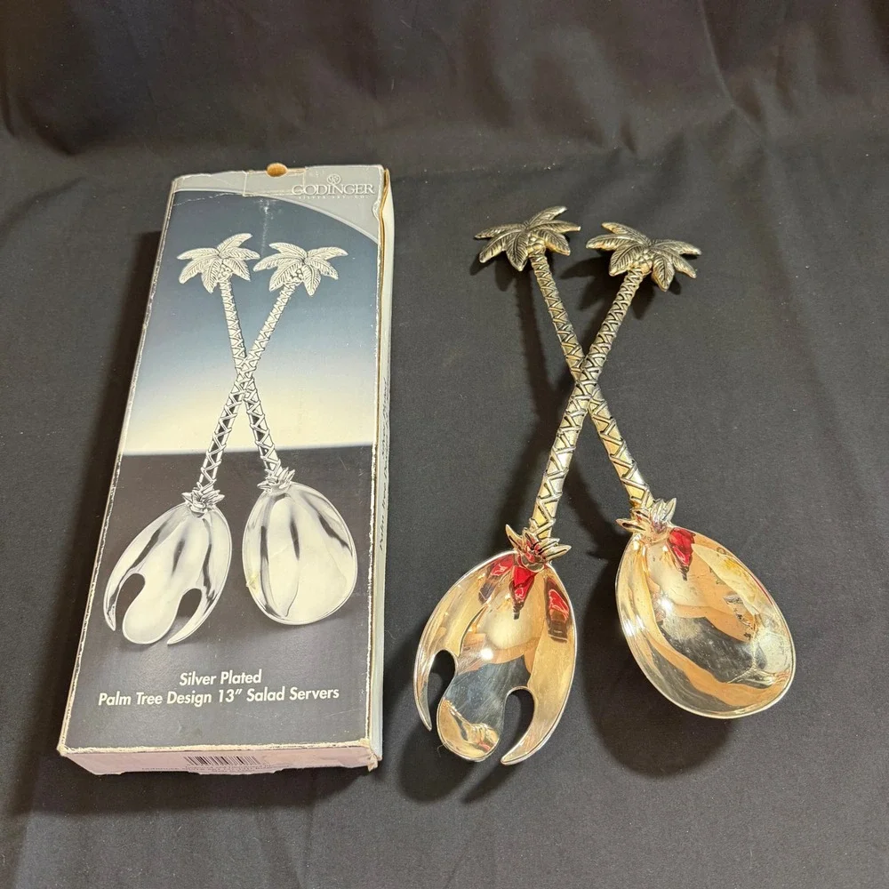 Palm Tree Salad Server Set‎ Godinger Silver Art Co Silver Plated Vintage 13